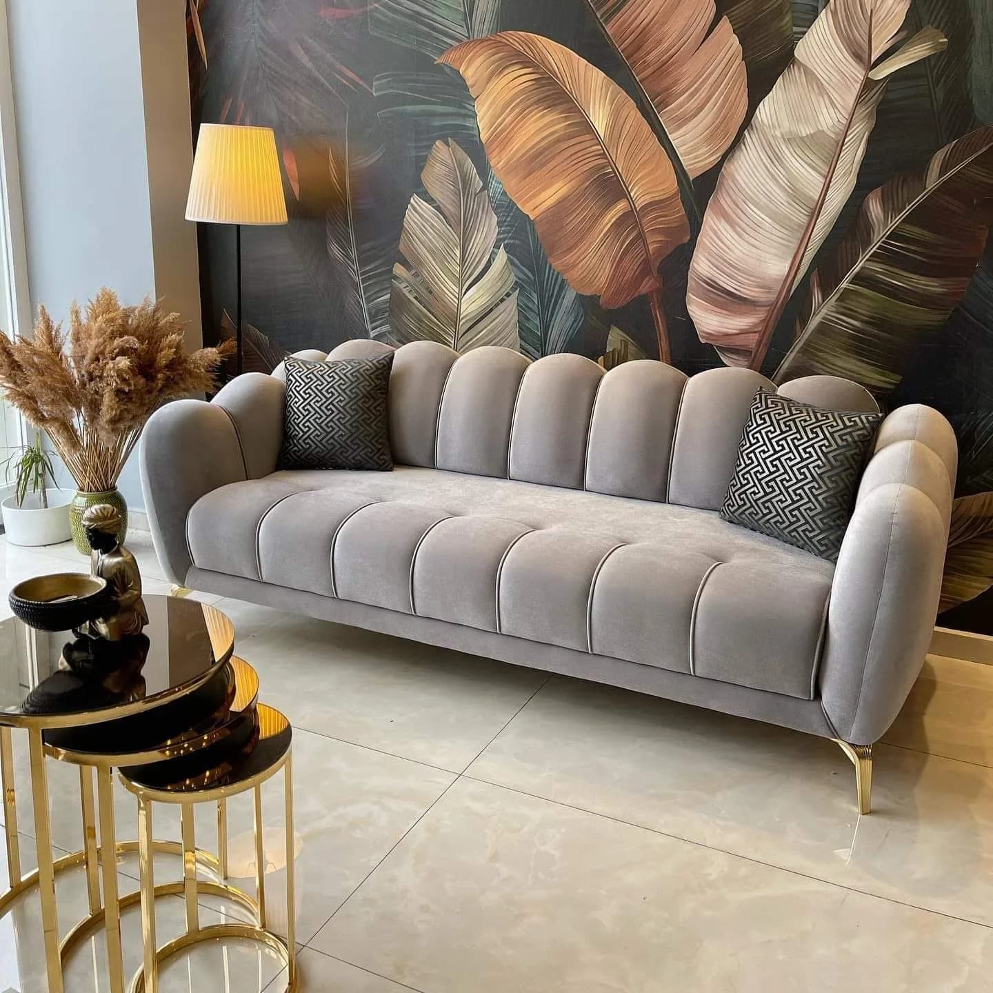 M&F Studio Grey Channel-Tufted Sofa