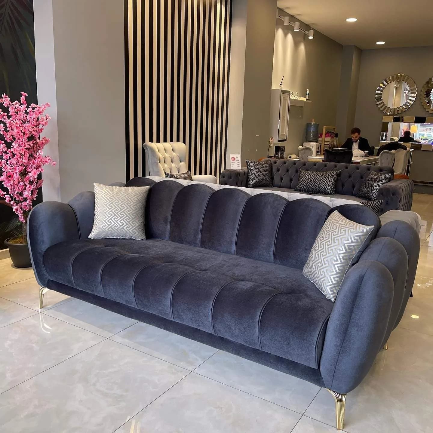 M&F Studio Navy Velvet Channel-Tufted Sofa