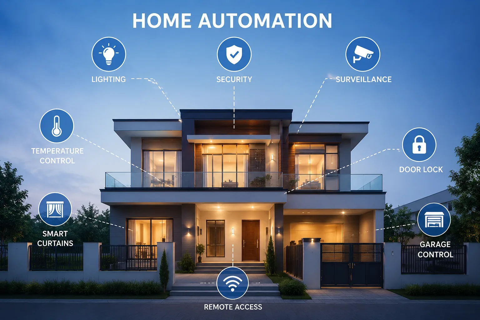 Smart home automation overview of a modern house at dusk