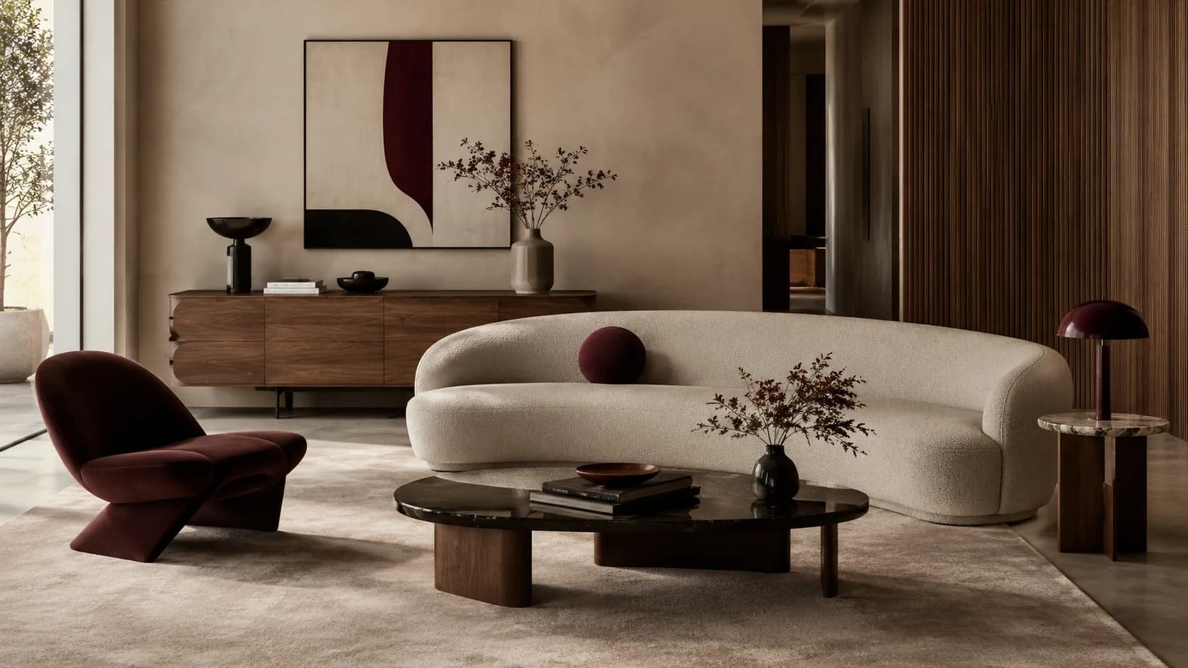 Curved bouclé sofa with a burgundy accent chair and walnut sideboard