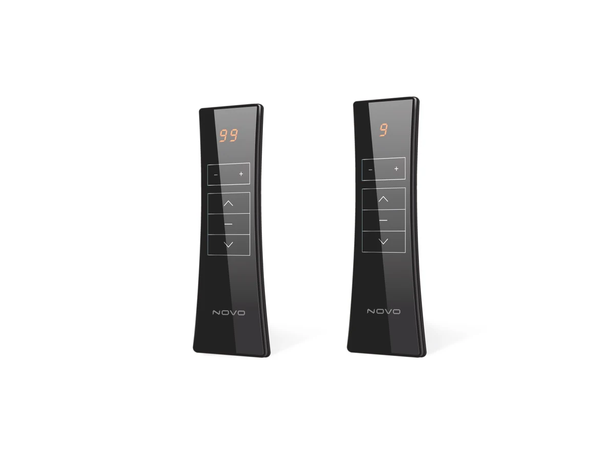 Novo A6 handheld transmitters with a channel display, in black