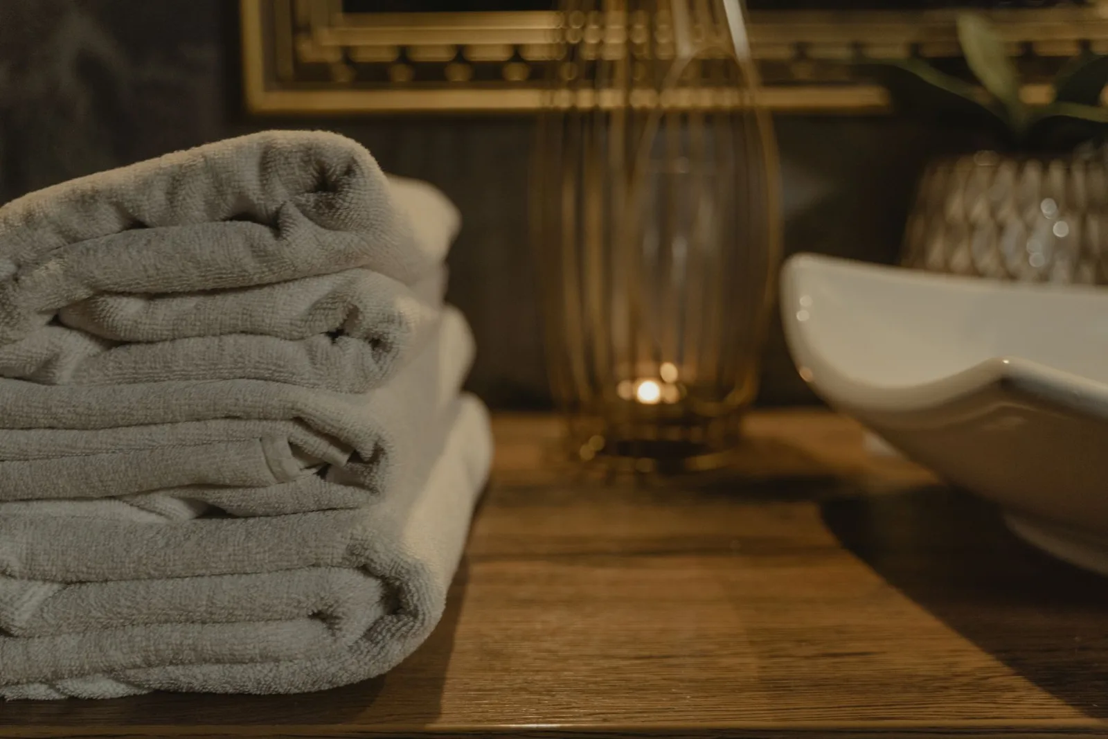 Towels folded on a bathroom surface